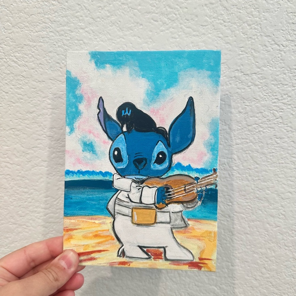 Stitch Elvis Presley Cartoon Acrylic Painting 5”x7” Handmade